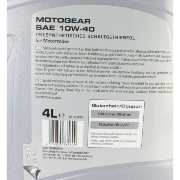 Motogear SAE 10W-40 GL-44 Liter