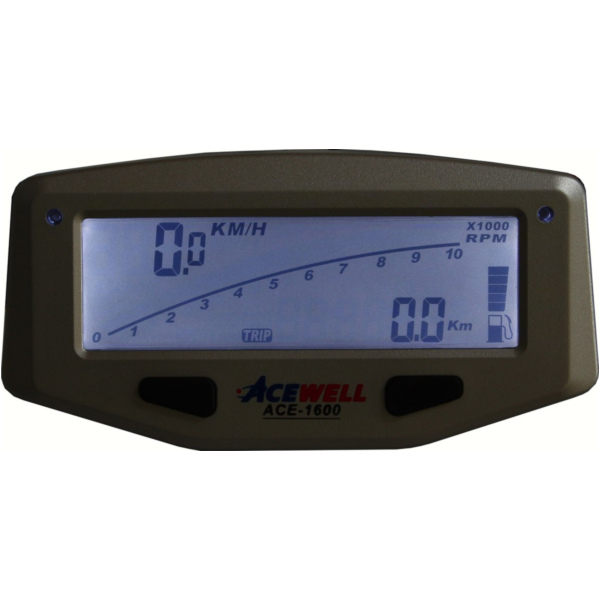 Geschwindigkeitsmesser, Anzeigeeinheit ACE-1600 Tachometer für Motorräder mit Drehzahlmesser Funktion, Temperatur-, Tankanzeige, LED Schaltwarnung, Silber
