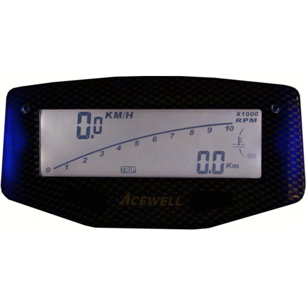 Geschwindigkeitsmesser, Anzeigeeinheit ACE-1600CB Tachometer für Motorräder mit Drehzahlmesser Funktion, Temperatur-, Tankanzeige, LED Schaltwarnung, Carbon optik blau