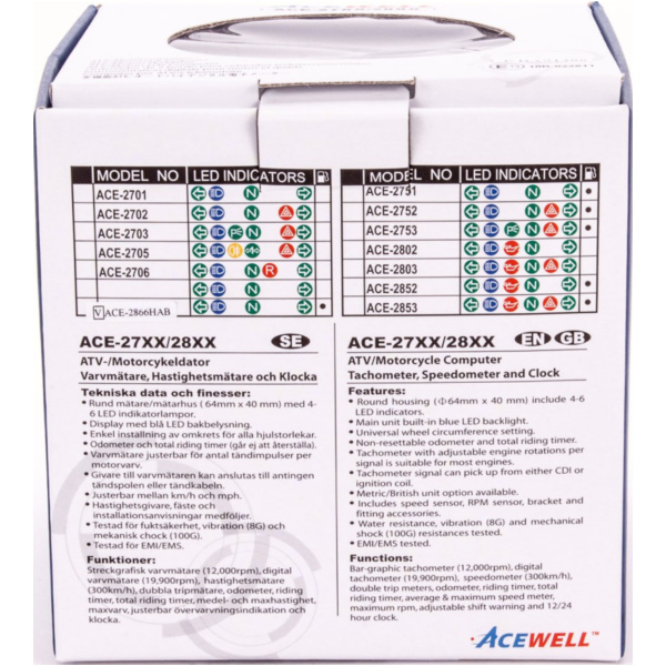 Geschwindigkeitsmesser, Anzeigeeinheit ACE-2866AS Tachometer und Drehzahlmesser Alu-Schwarz