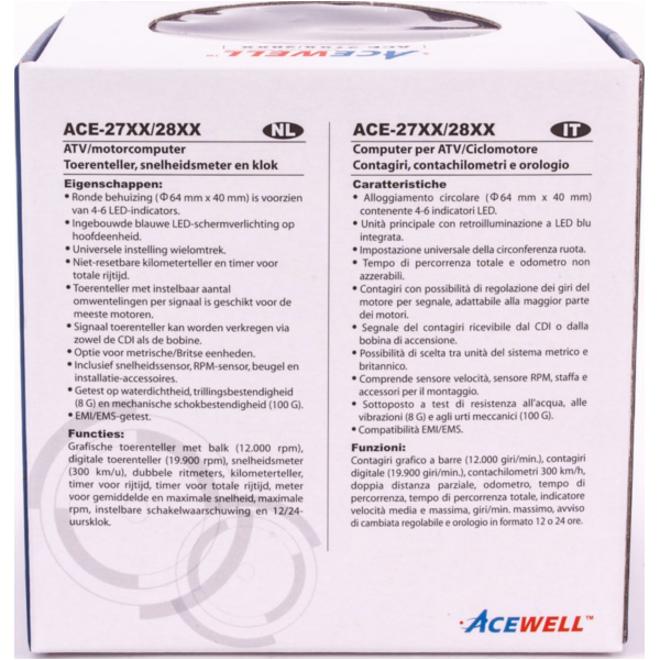 Geschwindigkeitsmesser, Anzeigeeinheit ACE-2866AS Tachometer und Drehzahlmesser Alu-Schwarz