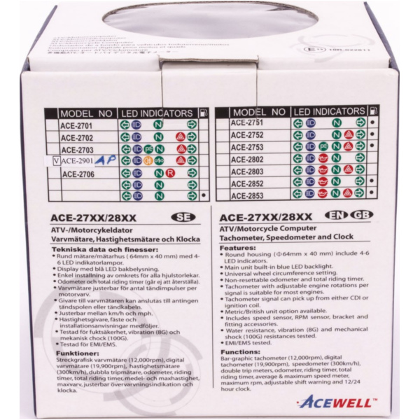 Geschwindigkeitsmesser, Anzeigeeinheit ACE-2901AP Motorrad und Quad / ATV Drehzahlmesser mit Temperaturanzeige und 6 Kontrollleuchte Alu-poliert