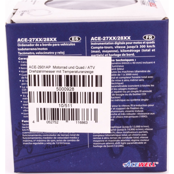 Geschwindigkeitsmesser, Anzeigeeinheit ACE-2901AP Motorrad und Quad / ATV Drehzahlmesser mit Temperaturanzeige und 6 Kontrollleuchte Alu-poliert