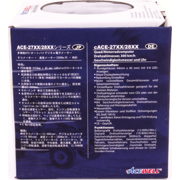 Geschwindigkeitsmesser, Anzeigeeinheit ACE-2901AP Motorrad und Quad / ATV Drehzahlmesser mit Temperaturanzeige und 6 Kontrollleuchte Alu-poliert
