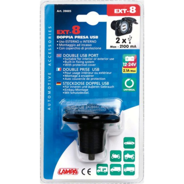 Ext-8, doppelter USB-Anschluss, Einbaumontage, 12/24V