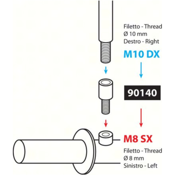 Adapter für Motorradspiegel - Innengewinde Ø 10 mm rechts > Aussengewinde Ø 8 mm links