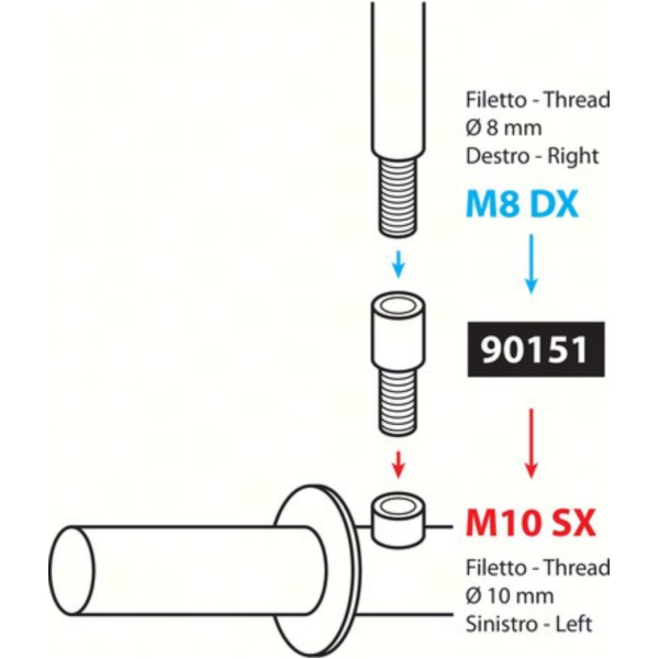Adapter für Motorradspiegel M8 Innenrechtsgewine => Aussenlinksgewinde M10