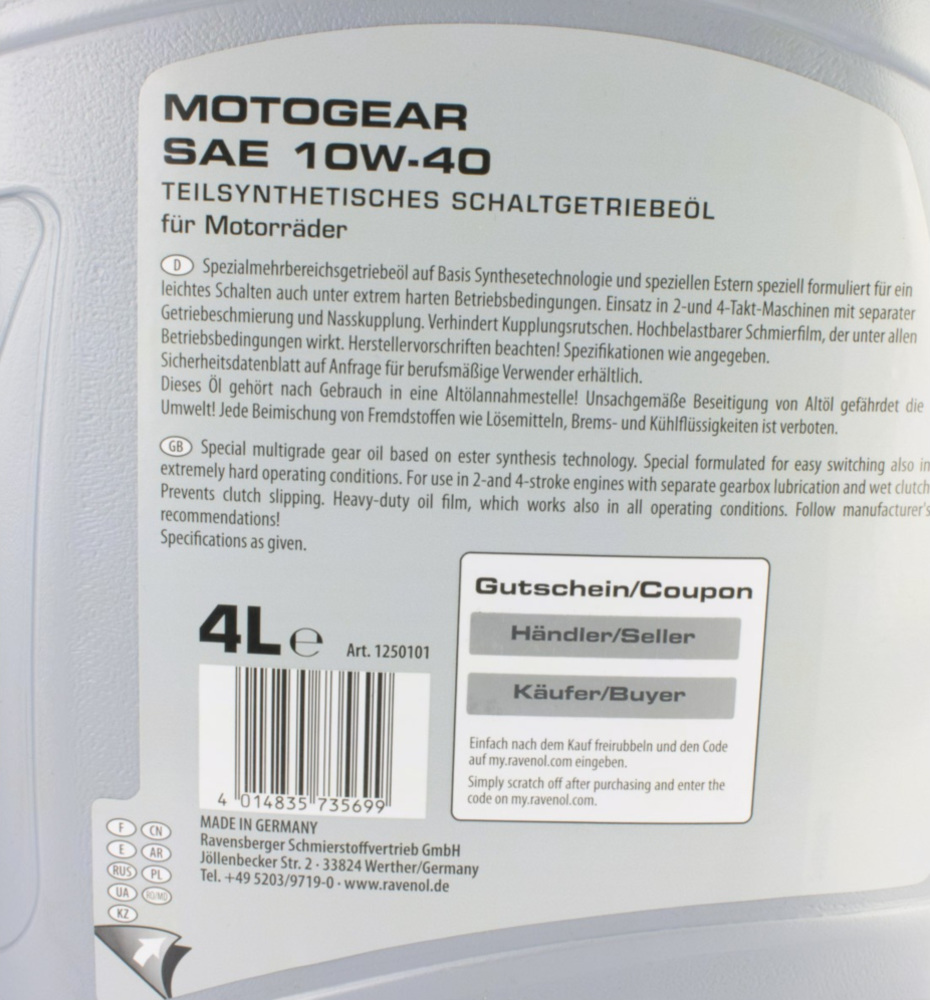 Motogear SAE 10W-40 GL-44 Liter
