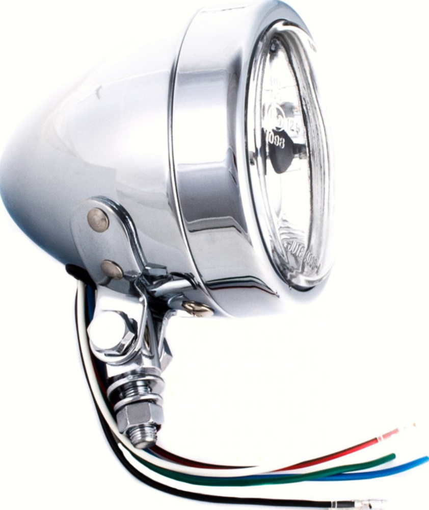 Abblendlicht, Fernlicht SHIN YO 90mm Chromscheinwerfer BULLET, untere Befestigung, Fernlicht E-gepr., Birne H4 12V 55/60W
