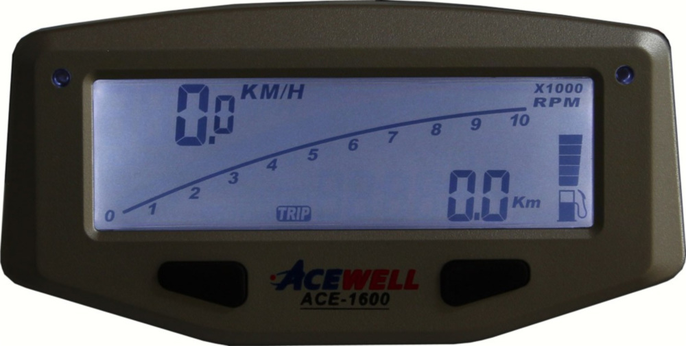 Geschwindigkeitsmesser, Anzeigeeinheit ACE-1600 Tachometer für Motorräder mit Drehzahlmesser Funktion, Temperatur-, Tankanzeige, LED Schaltwarnung, Silber