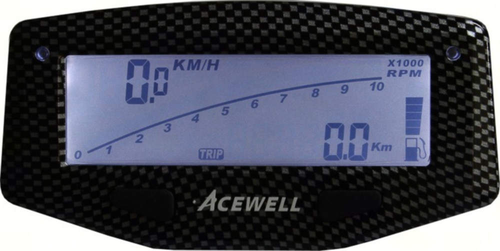 Geschwindigkeitsmesser, Anzeigeeinheit ACE-1600C Tachometer für Motorräder mit Drehzahlmesser Funktion, Temperatur-, Tankanzeige, LED Schaltwarnung, Carbon optik