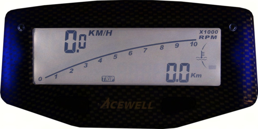 Geschwindigkeitsmesser, Anzeigeeinheit ACE-1600CB Tachometer für Motorräder mit Drehzahlmesser Funktion, Temperatur-, Tankanzeige, LED Schaltwarnung, Carbon optik blau