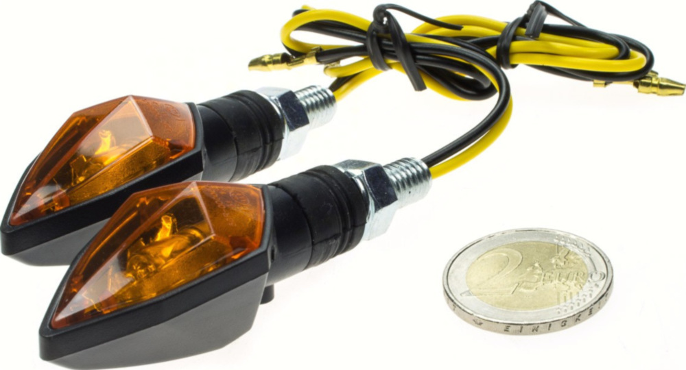 Blinkleuchte, Blinklicht Blinker ROCK, schwarz, gelbes Glas, 12V / 6 Watt Halogenbirne, Paar, E-gepr.