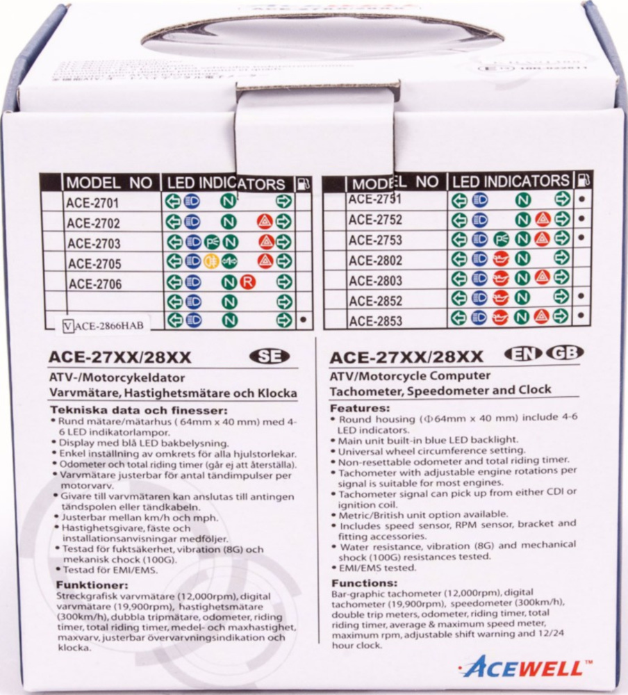 Geschwindigkeitsmesser, Anzeigeeinheit ACE-2866AS Tachometer und Drehzahlmesser Alu-Schwarz