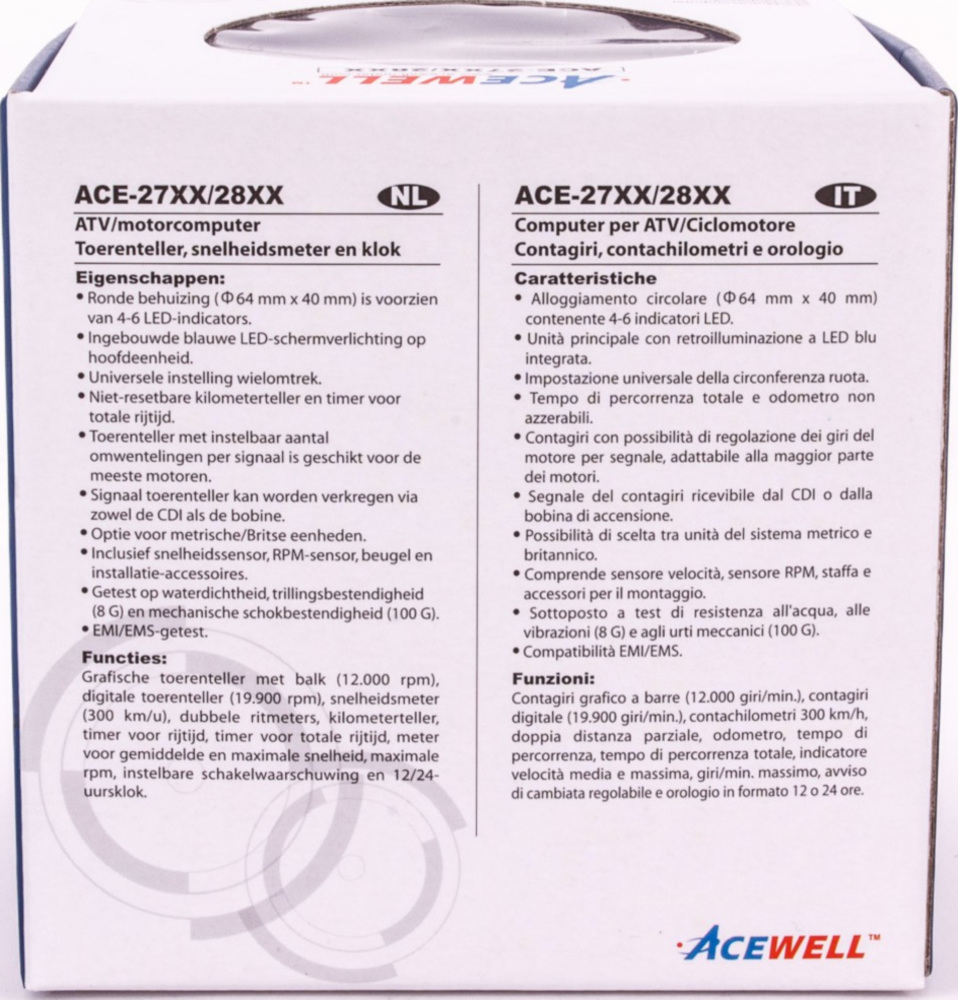 Geschwindigkeitsmesser, Anzeigeeinheit ACE-2866AS Tachometer und Drehzahlmesser Alu-Schwarz