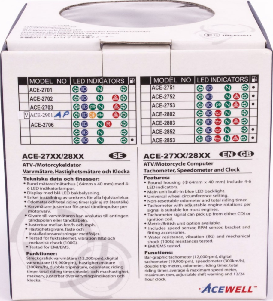 Geschwindigkeitsmesser, Anzeigeeinheit ACE-2901AP Motorrad und Quad / ATV Drehzahlmesser mit Temperaturanzeige und 6 Kontrollleuchte Alu-poliert