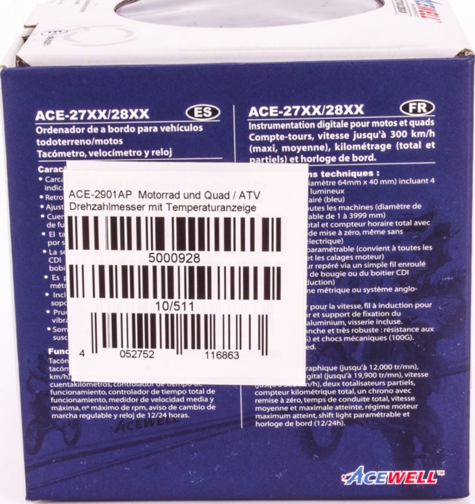 Geschwindigkeitsmesser, Anzeigeeinheit ACE-2901AP Motorrad und Quad / ATV Drehzahlmesser mit Temperaturanzeige und 6 Kontrollleuchte Alu-poliert