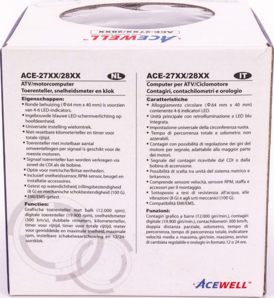 Geschwindigkeitsmesser, Anzeigeeinheit ACE-2901AP Motorrad und Quad / ATV Drehzahlmesser mit Temperaturanzeige und 6 Kontrollleuchte Alu-poliert