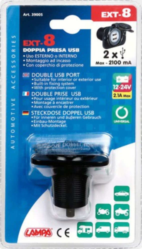 Ext-8, doppelter USB-Anschluss, Einbaumontage, 12/24V